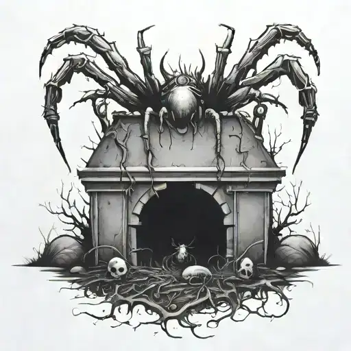 A haunting scene of a spider crawling out of a grave with animal eyes and teeth scattered around tattoo design idea