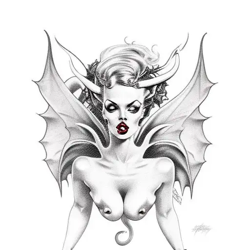 succubus - pin up - nude - devil tattoo design idea