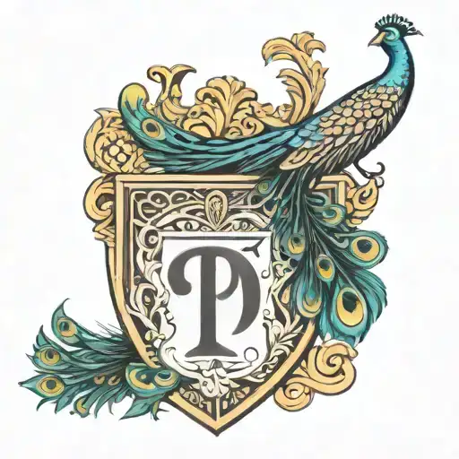 family crest with letter p and peacock  tattoo design idea