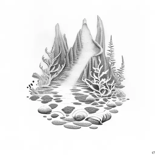 underwater mountain with kelp and ferns tattoo design idea