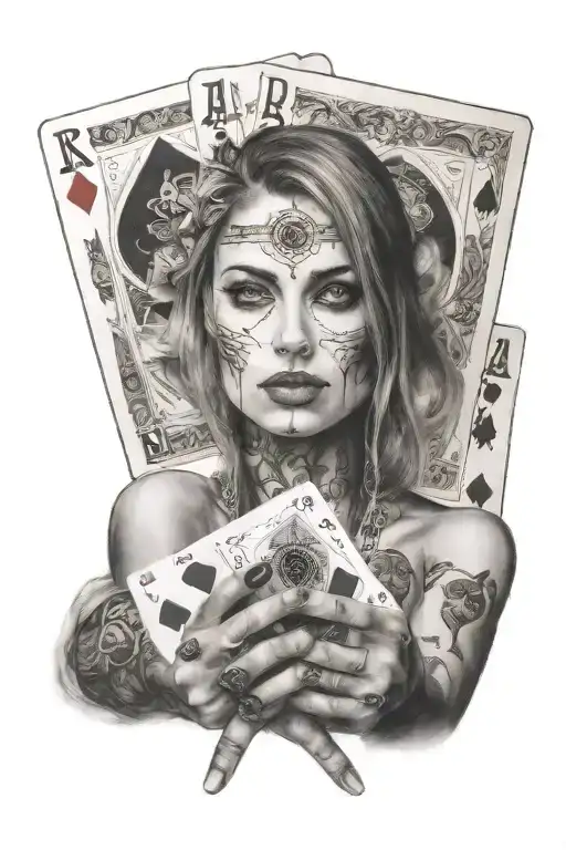 one woman hand holding five poker cards, in front of her face, showing the cards tattoo design idea