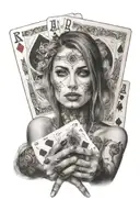 one woman hand holding five poker cards, in front of her face, showing the cards tattoo design idea