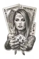one woman hand holding five poker cards, in front of her face, showing the cards tattoo design idea