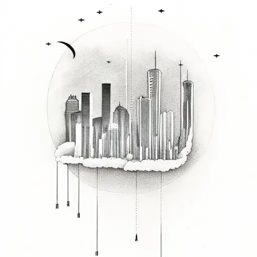 A minimalist tattoo of a futuristic cityscape with Houston's skyline and musical instruments as buildings. tattoo design idea