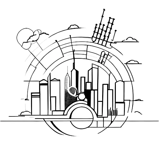 A minimalist tattoo of a futuristic cityscape with Houston's skyline and musical instruments as buildings. tattoo design idea