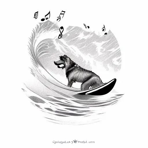 A stylized Irish wolfhound surfing on a wave with musical notes floating around it tattoo design idea