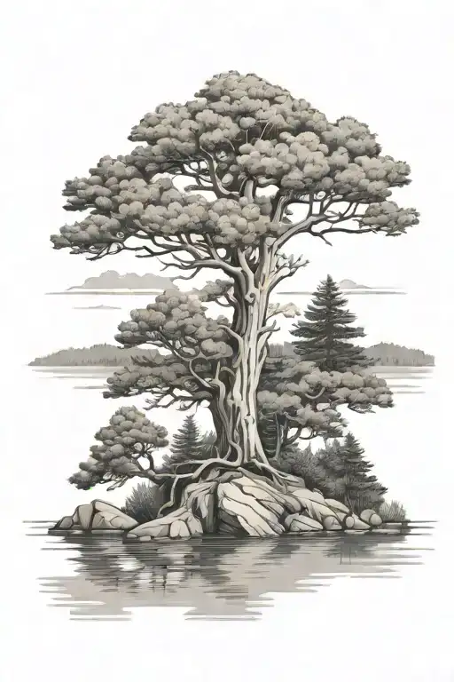 eastern white cedar tree shoreline lake surrounded by lush tattoo design idea