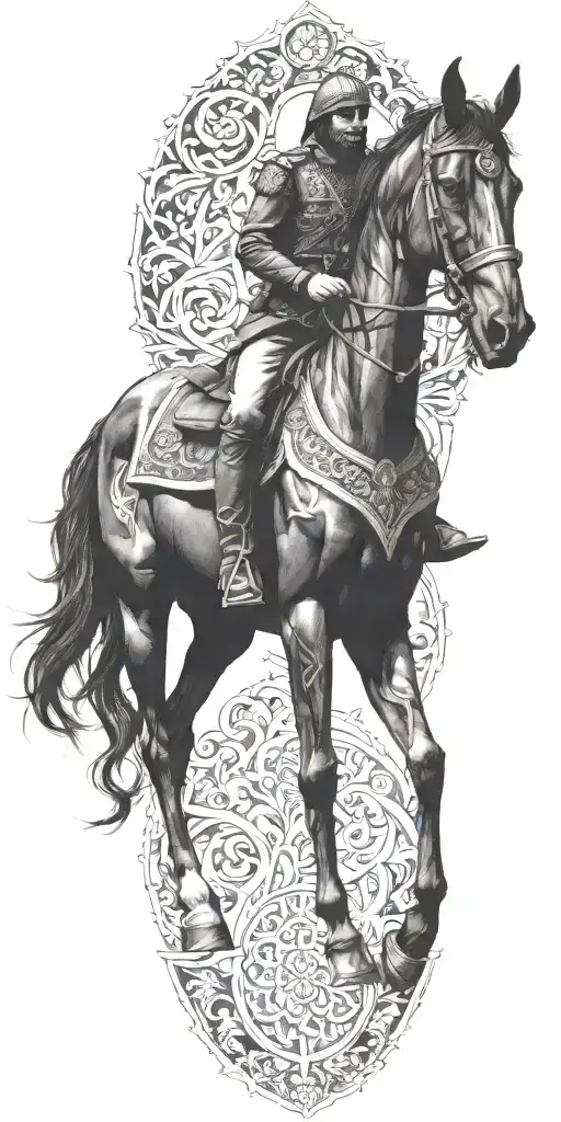 iranian soldier black horse rider goes into fire  tattoo design idea