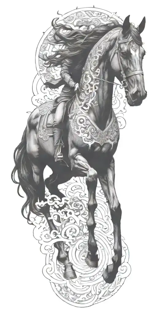 iranian soldier black horse rider goes into fire  tattoo design idea