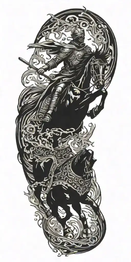 ancient  soldier riding black horse out of fire coming tattoo design idea