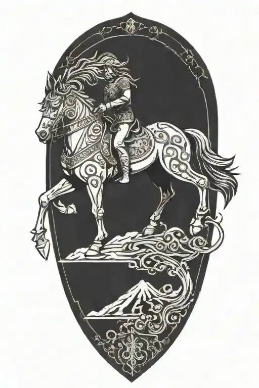 Incorporate Achaemenian symbols and motifs into a blackwork design featuring a majestic black horse rider going through  tattoo design idea