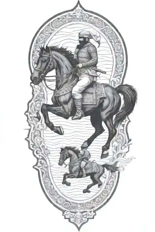 old iranian soldier with black horse goes through fire tattoo design idea