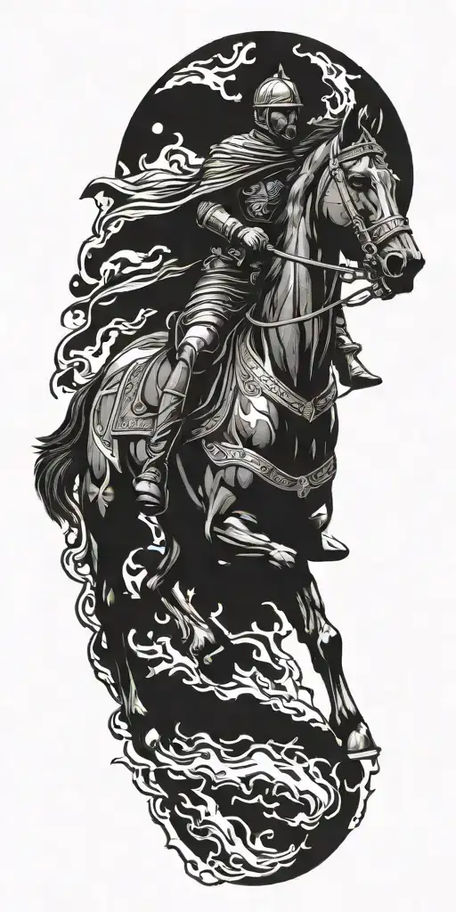 roman soldier riding black horse out of fire coming tattoo design idea