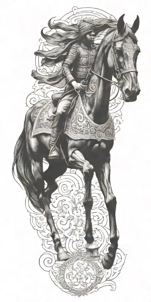 iranian soldier black horse rider goes into fire  tattoo design idea