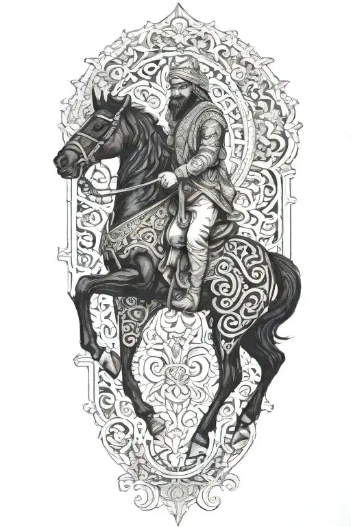 man on black horse goes through fire middle eastern tattoo design idea