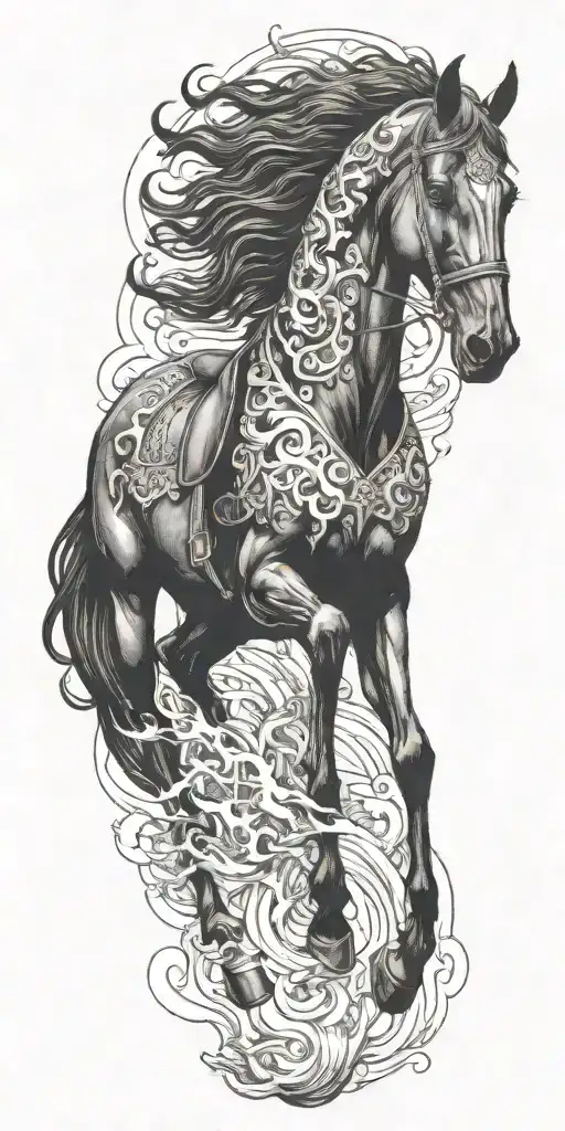 black horse rider goes into fire irania   tattoo design idea