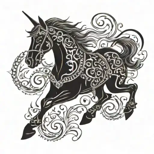Incorporate Achaemenian symbols and motifs into a blackwork design featuring a majestic black horse with flame swords tattoo design idea