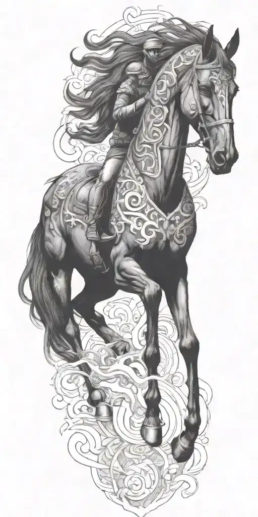 iranian soldier black horse rider goes into fire  tattoo design idea