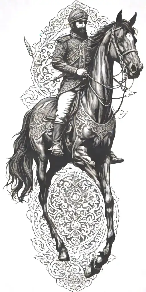 iranian soldier black horse rider goes into fire  tattoo design idea