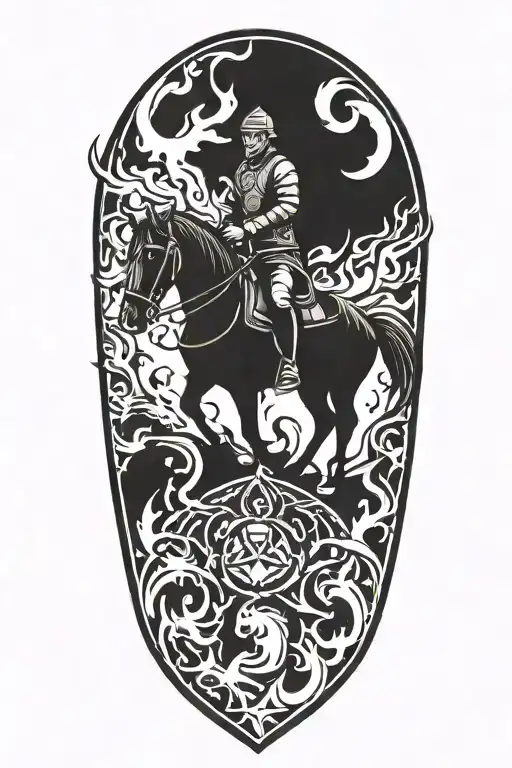 Incorporate Achaemenian symbols and motifs into a horse rider going through fire and flames   tattoo design idea