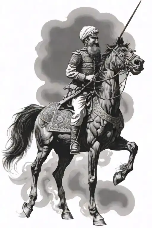 old iranian soldier with black horse goes through fire tattoo design idea
