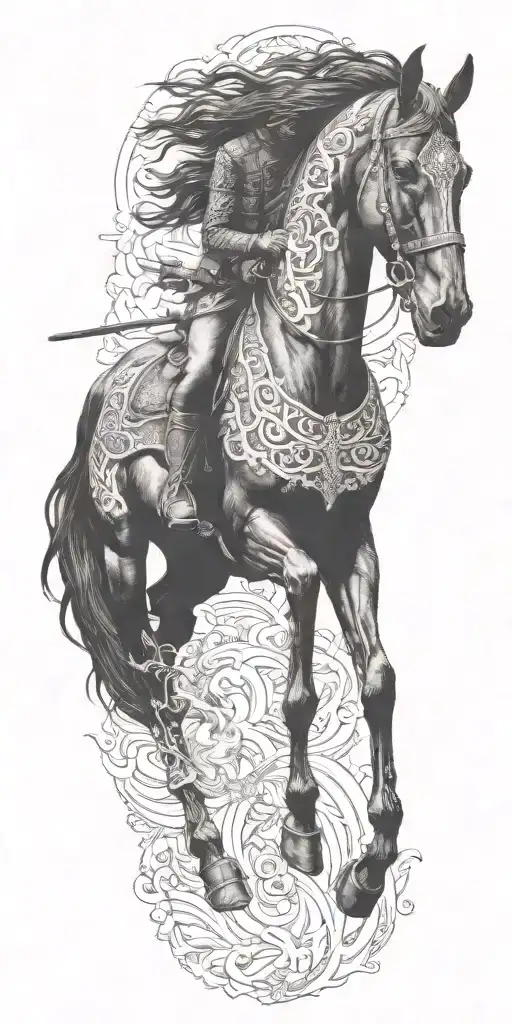 iranian soldier black horse rider goes into fire  tattoo design idea