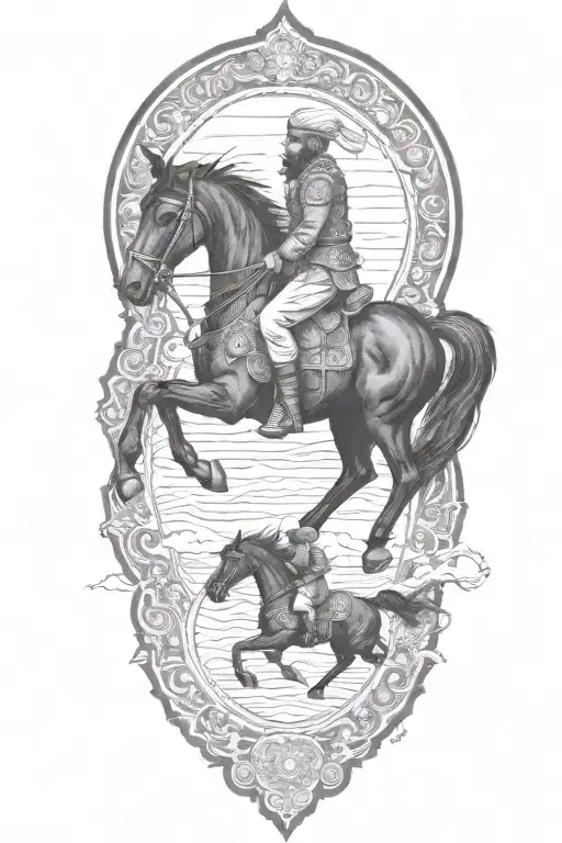 old iranian soldier with black horse goes through fire tattoo design idea