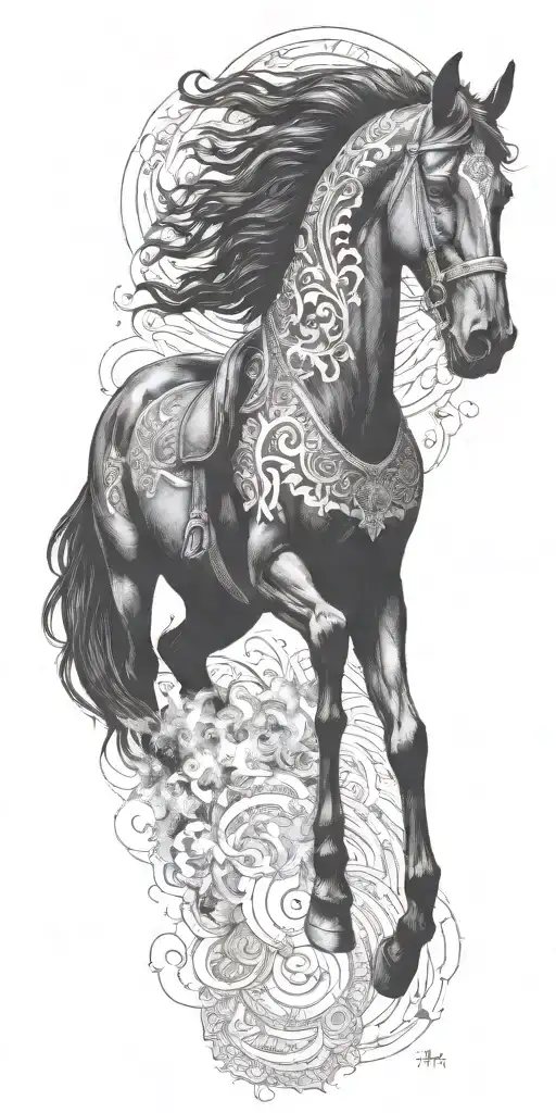 iranian black horse rider goes into fire  tattoo design idea