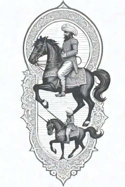 old iranian soldier with black horse goes through fire tattoo design idea