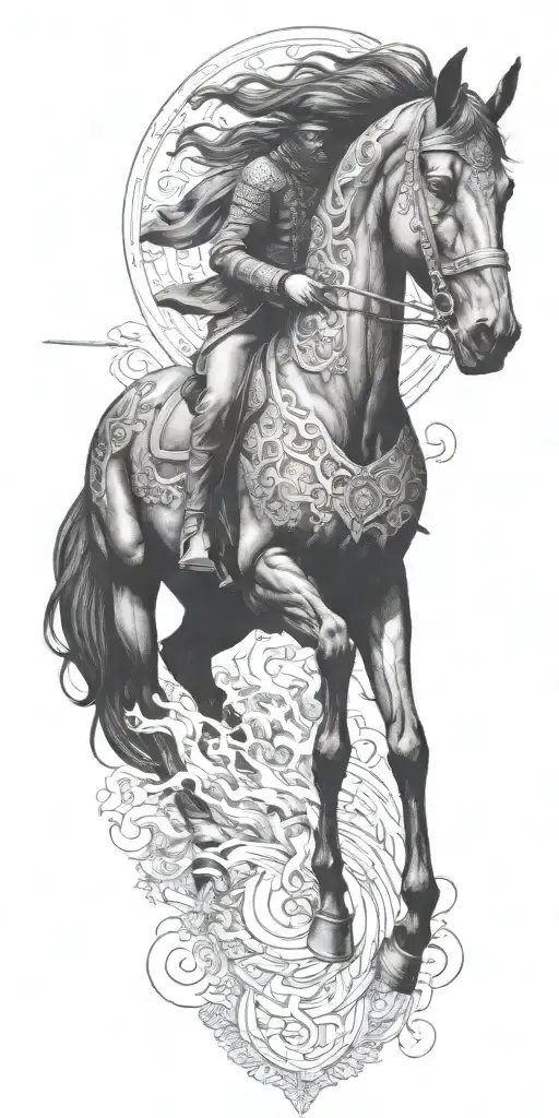iranian soldier black horse rider goes into fire  tattoo design idea