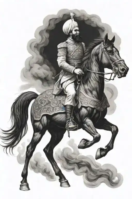 old iranian soldier with black horse goes through fire tattoo design idea