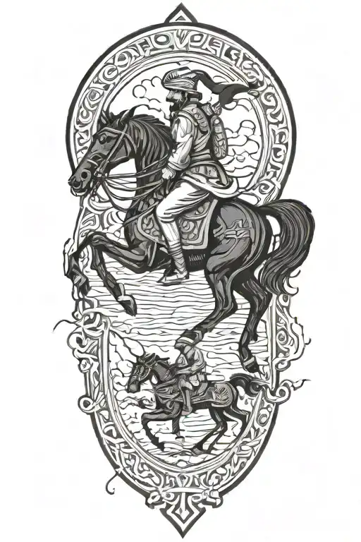 old iranian soldier with black horse goes through fire tattoo design idea