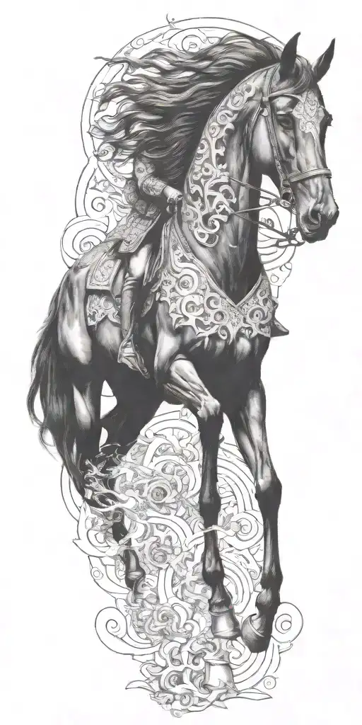 iranian soldier black horse rider goes into fire  tattoo design idea