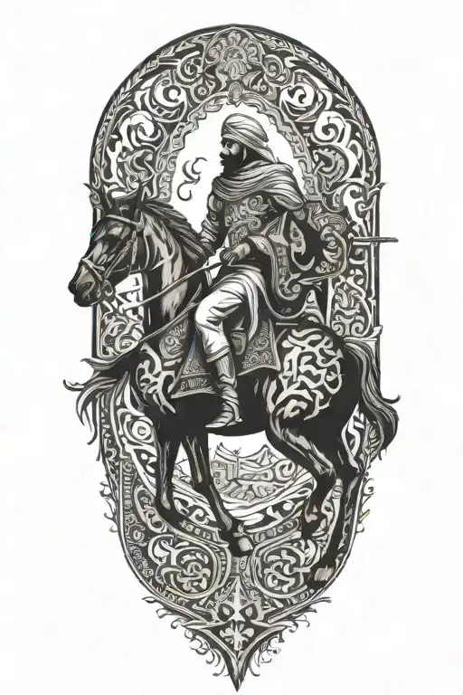 man on black horse goes through fire middle eastern tattoo design idea