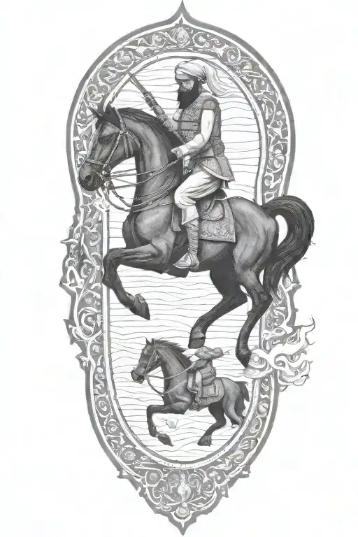 old iranian soldier with black horse goes through fire tattoo design idea