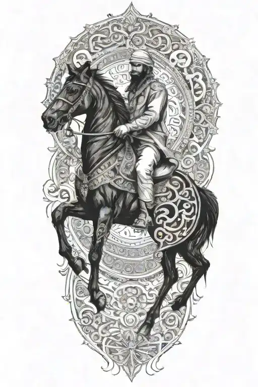 man on black horse goes through fire middle eastern tattoo design idea