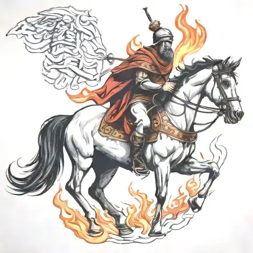 roman  man on black horse goes through fire tattoo design idea