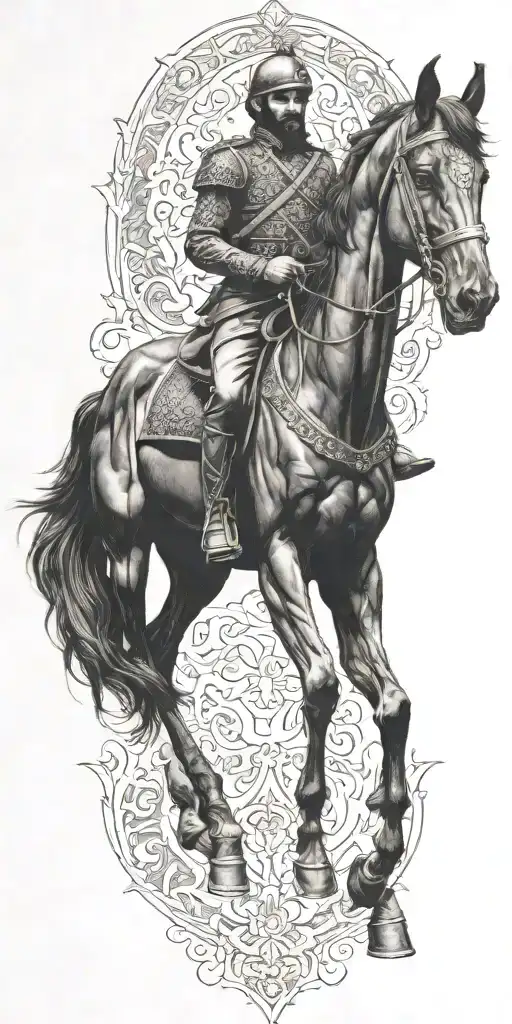 iranian soldier black horse rider goes into fire  tattoo design idea