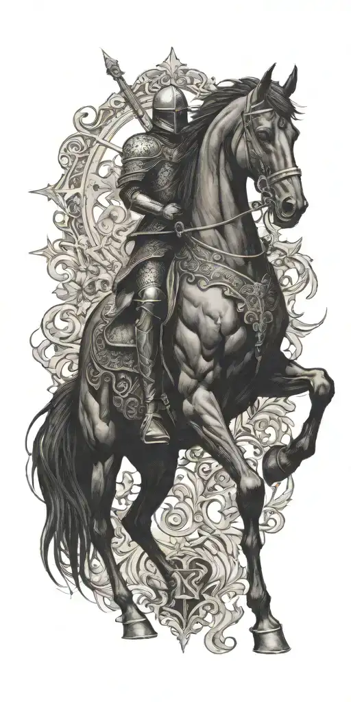 knight on black  horse tattoo design idea