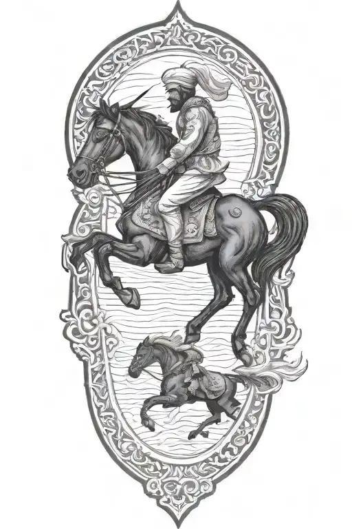 old iranian soldier with black horse goes through fire tattoo design idea