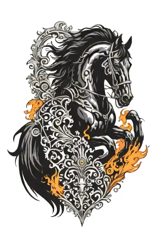 black  horse, fire, knight holding tattoo design idea