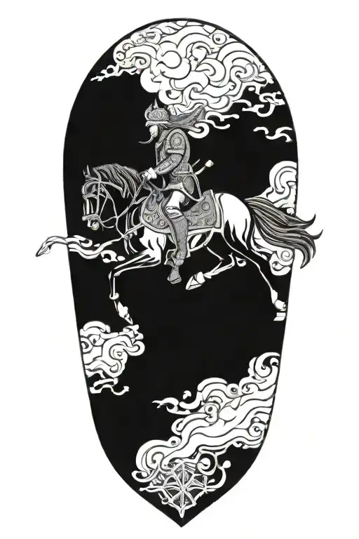 persian soldier riding black horse out of fire coming tattoo design idea