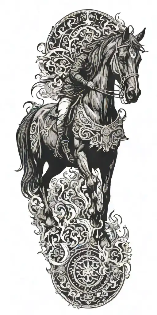 black horse rider goes into fire irania   tattoo design idea