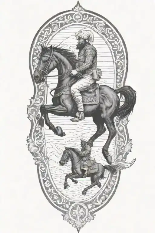 old iranian soldier with black horse goes through fire tattoo design idea