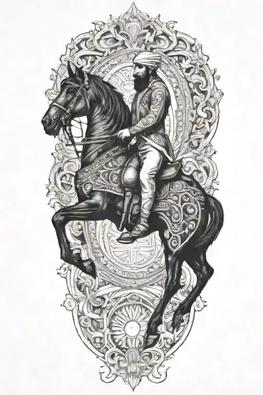 man on black horse goes through fire middle eastern tattoo design idea