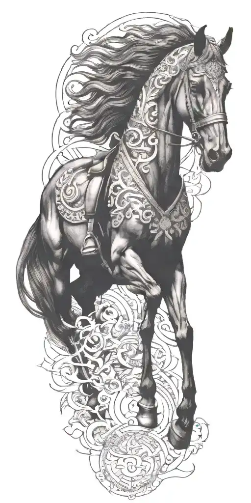iranian soldier black horse rider goes into fire  tattoo design idea