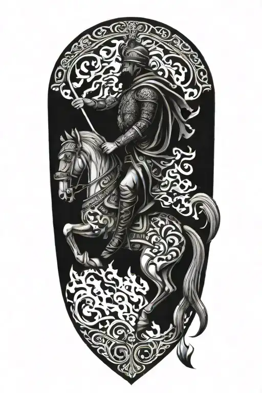 persian soldier riding black horse out of fire coming tattoo design idea