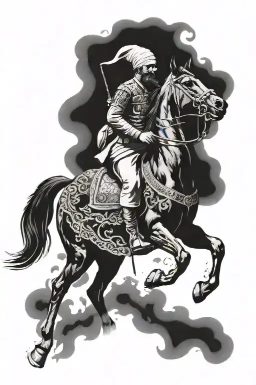 old iranian soldier with black horse goes through fire tattoo design idea