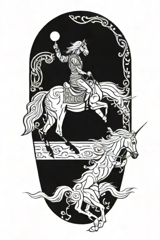 Incorporate Achaemenian symbols and motifs into a blackwork design featuring a majestic black horse rider going through  tattoo design idea