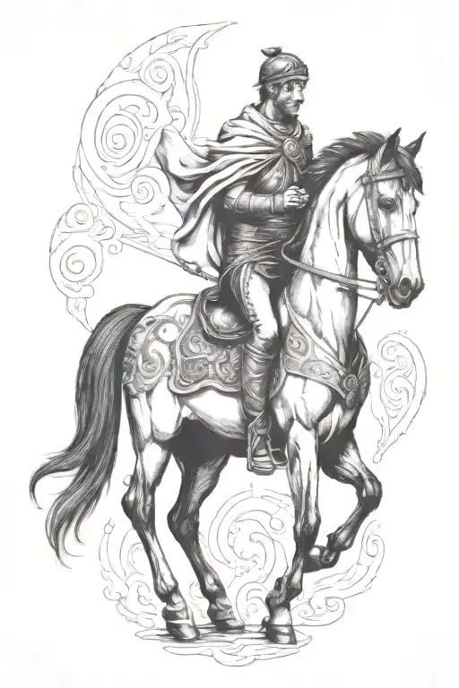 roman  man on black horse goes through fire tattoo design idea